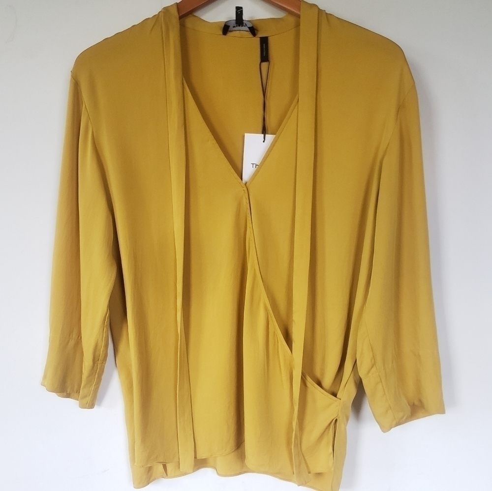 NEW! THEORY Designer Silk Splice Style Tie Neck Blouse Top Small. - Picture 3 of 9